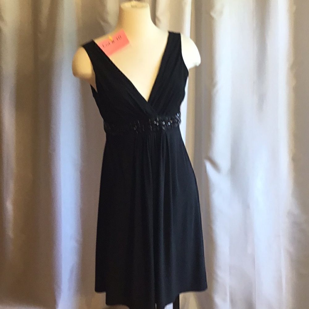 V neck & back sleeveless dress with tie to back, jeweled empire waist in black